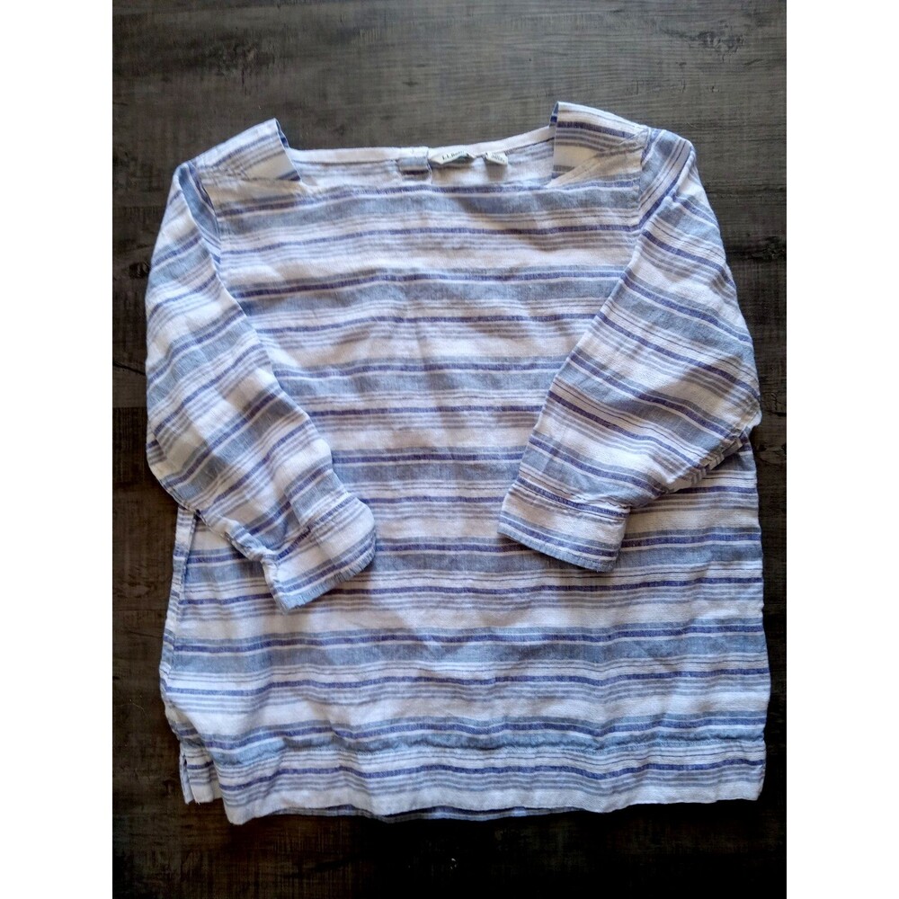 L. L. Bean 100% Linen Blue & White Striped 3/4 Sleeve Top Petite Medium